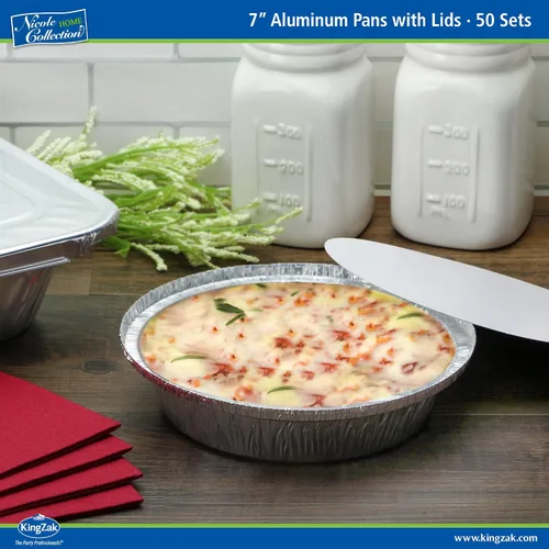 Vista 3 de Nicole Home Collection Sartenes de aluminio 7” Redondas desechables con tapas de papel de aluminio (paquete de 50) – Sartenes desechables redondas