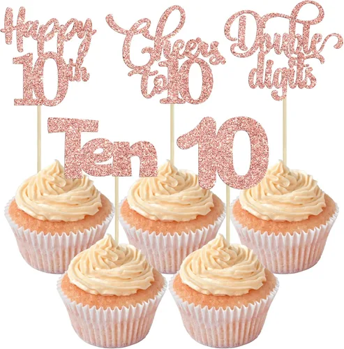 Vista 8 de Paquete de 30 adornos para cupcakes con purpurina de doble dígito para cumpleaños de 10 años, para cumpleaños, aniversario, fiesta, suministros