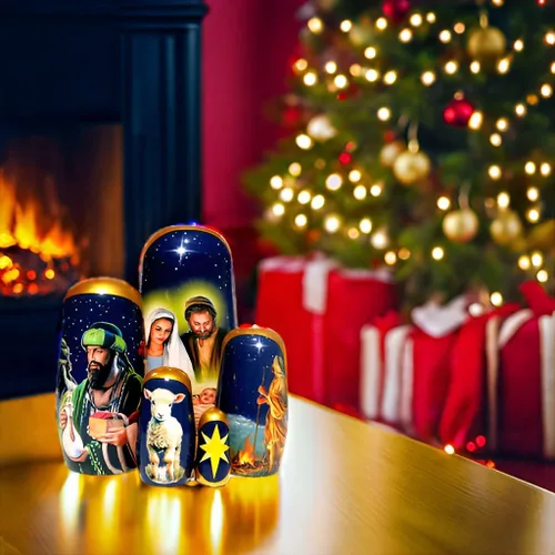 Vista 8 de Muñecas de madera coleccionables de larga duración hechas a mano, de madera, de 5 piezas, con escenas originales de Navidad en cada muñeca