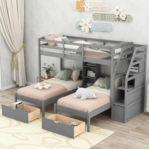 Vista 11 de DEINPPA Litera desmontable individual sobre matrimonial con escalera, se puede dividir en 2 camas individuales, litera de madera con cajones