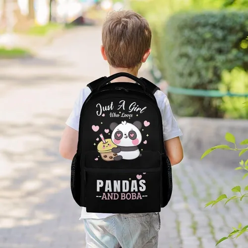 Vista 2 de Mochila Panda para niñas y niños, mochilas negras de 16 pulgadas para la escuela, bonita bolsa ligera y duradera para niños
