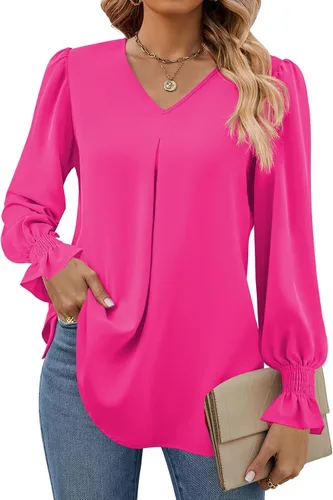 Vista 6 de Funlingo Blusas de mujer con mangas largas 2025, elegantes y casuales, con cuello en V, túnica suelta de gasa para el trabajo