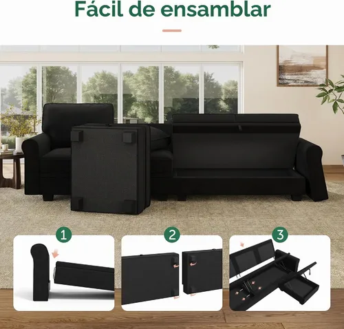 Vista 5 de HONBAY Sofá modular convertible con almacenamiento en forma de U con diván reversible para sala de estar, negro medio negro (Mid Black)