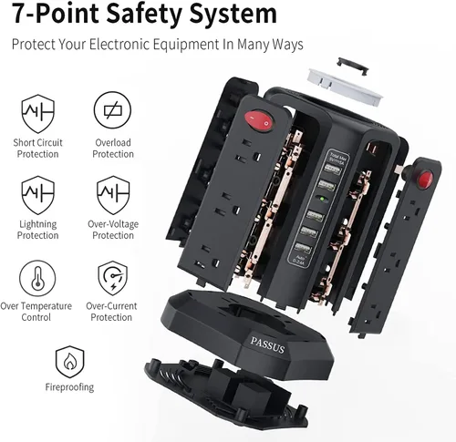 Vista 3 de Regleta de protección contra sobretensiones con torre y 5 puertos USB y luz nocturna, cable de extensión de 10 pies con 12 tomas múltiples de CA