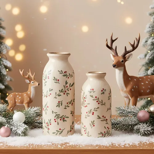 Vista 3 de [Usado] Ronasip Jarrones de acebo de Navidad, juego de 2 jarrones de cerámica, decoración rústica pintada a mano, esmalte agrietado con hielo