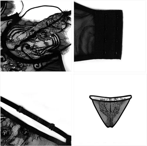 Vista 6 de Conjunto de brasier de encaje sexy de terciopelo suave para mujer con rin de acero
