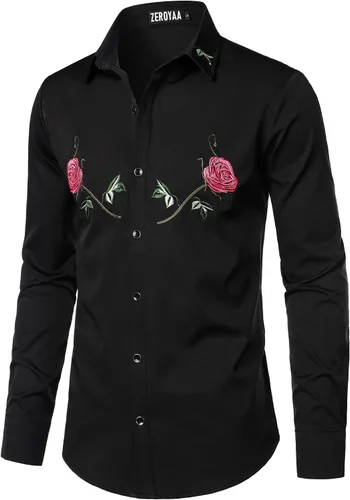 Vista 2 de ZEROYAA Camisas de vestir para hombre con diseño de bordado de hipster de manga larga con botones