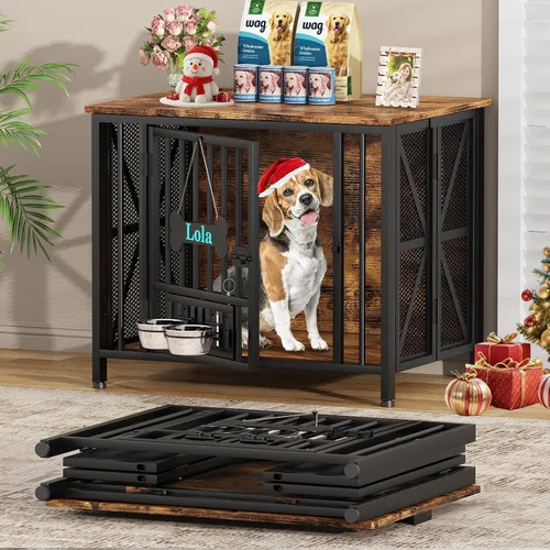 Vista 10 de EasyCom Muebles plegables para perros, jaulas de 31.5 pulgadas para perros pequeños/medianos, perrera de madera para interiores con etiqueta
