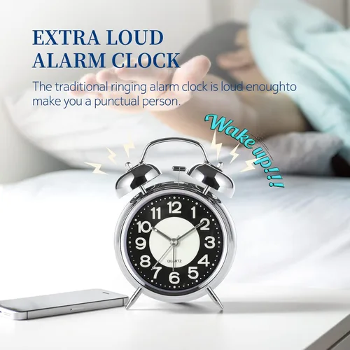 Vista 2 de Reloj despertador súper fuerte para personas que duermen pesadas, reloj despertador de campana doble de 4 pulgadas con luz de fondo, funciona