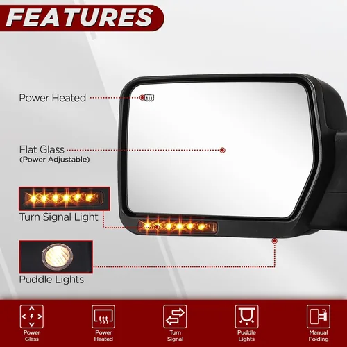 Vista 6 de Espejos de remolque para camioneta pickup 07-14 F150, calefacción eléctrica con señal ámbar, espejo negro, reemplazo del lado izquierdo del conductor