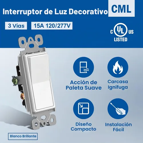 Vista 2 de CML interruptor de luz de pared basculante, de 3 vías, decorativo, acabado brillante, unipolar o de 3 vías, 15 A 120/277 V, garantía de 3 años
