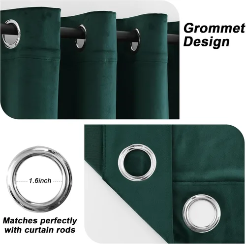 Vista 2 de Cortinas opacas de terciopelo verde oscuro de 84 pulgadas de largo, con ojales, para dormitorio, bloqueo de luz, aislamiento térmico, juego de 2