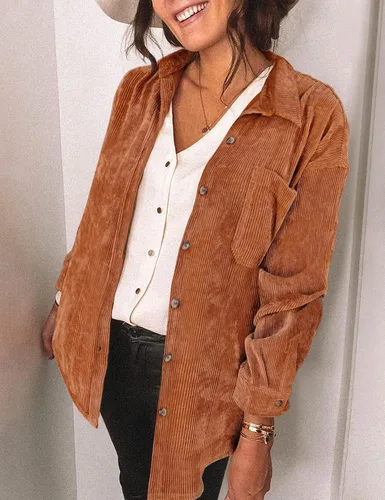 Vista 3 de Saslax Camisa de pana para mujer, de manga larga, con botones, cuello en V, holgada, chaqueta