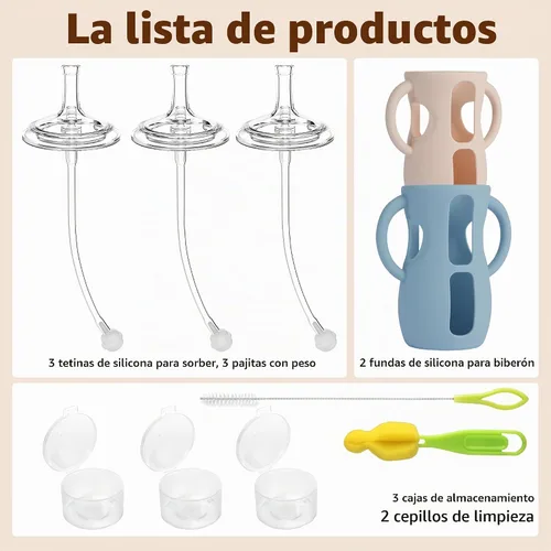 Vista 7 de Kit de Conversión de Vaso con Pajita con Fundas de Silicona para Biberón de Vidrio Natural Avent de 8oz, Kit de Transición de Vasos Entrenadores