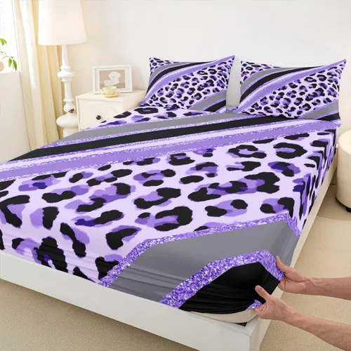 Vista 8 de Sábana bajera ajustable para niños, tamaño individual, diseño de cebra y leopardo con purpurina, decoración de habitación para niñas y mujeres, A1