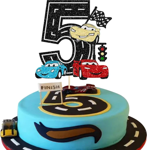 Vista 10 de Ephlyn 1 pieza de decoración para tarta de primer cumpleaños de coche de carreras con purpurina, decoración de tarta 1er cumpleaños para bandera a