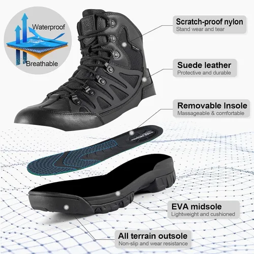 Vista 3 de FREE SOLDIER Botas de senderismo tácticas impermeables para hombre, botas de trabajo militar, botas de combate