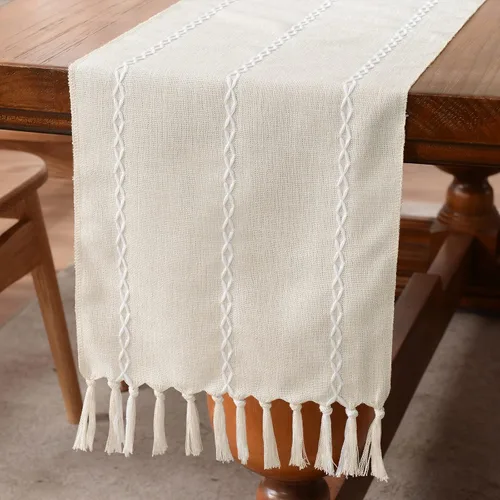 Vista 16 de Wracra Camino de mesa de lino rústico estilo granja, camino de mesa bordado de 36 pulgadas de largo con borlas a mano para fiestas, decoración