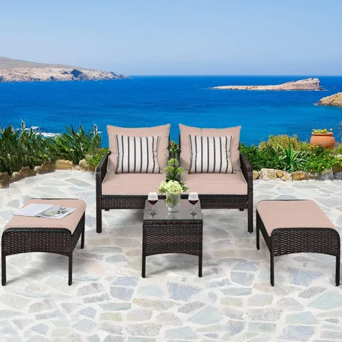 Vista 7 de Juego de muebles de patio de 5 piezas, silla de mimbre de ratán para conversación al aire libre con 2 otomanas y mesa de centro de vidrio templado
