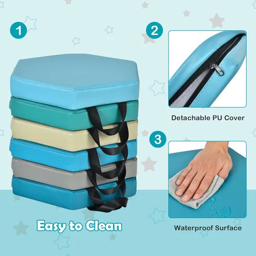 Vista 4 de KOTEK 6 cojines de suelo para niños de 15 pulgadas con asas, asientos circulares de espuma gruesa, asientos suaves y flexibles para aula, primaria