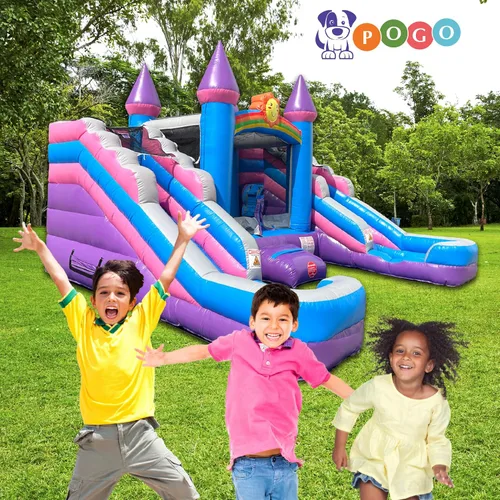 Vista 6 de Pogo Bounce House Tobogán acuático dual y piscinas inflables del castillo Rosa