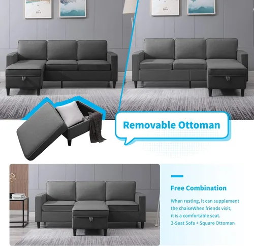 Vista 6 de Mjkone Sofá modular para sala de estar Sofá convertible de 3 plazas con 2 bolsillos laterales Sofá modular moderno con otomana de almacenamiento