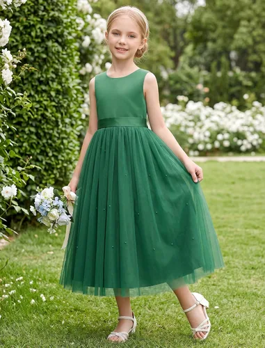 Vista 3 de IBTOM CASTLE Vestido de niña de las flores, vestido de princesa de tul con Verde oscuro