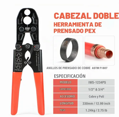 Vista 2 de IWISS/iCrimp - Kit de herramientas de engarzado de anillo de cobre para tubería PEX para anillos de crimpado de 1/2 pulgada, 3/4 pulgada, cumple