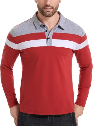 Vista 2 de NAVEKULL Camisas polo de manga larga para hombre, camisa casual de algodón, ajustada, camisa con cuello de retazos