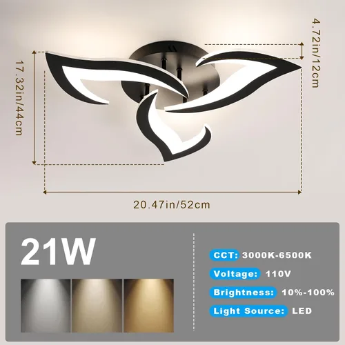 Vista 3 de DELIPOP Lámpara de techo moderna, lámpara de techo regulable de 21 W, control remoto, 3 luces de flores LED para comedor, dormitorio, comedor, cocina