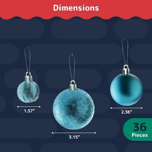 Vista 3 de PREXTEX - Juego de 36 adornos navideños azules para árbol de Navidad: bolas navideñas inastillables en color aguamarina y azul verdoso en tamaños