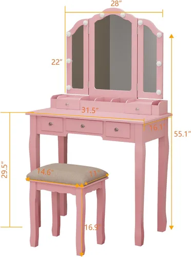 Vista 7 de Tocador de maquillaje rosa para niñas, escritorio con espejo y luces, tocador para niñas con luces, juego de tocador de maquillaje tocadores