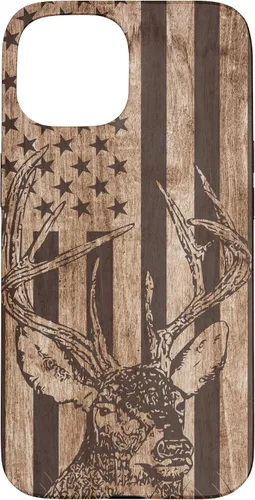 Vista 6 de Funda de madera para iPhone 16 con diseño de ciervo de cola blanca para caza cazador de bandera estadounidense