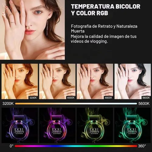 Vista 5 de GVM - Luz de video LED RGB con soporte de trípode, kit de iluminación de estudio con panel de control de aplicación, 3200K-5600K regulable, CRI97