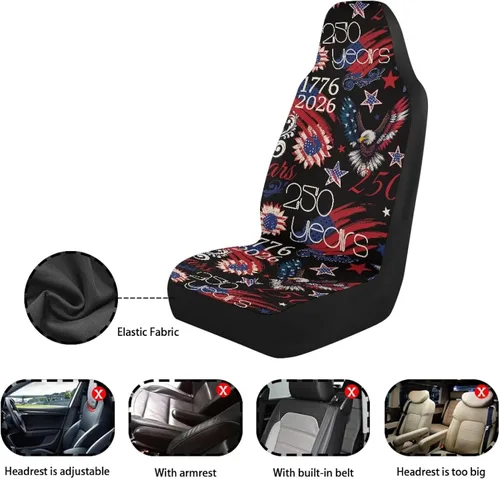 Vista 6 de ELEQIN 250 fundas de asiento delantero de automóvil con bandera patriótica estadounidense, paquete de 2 protectores de asiento de poliéster suaves