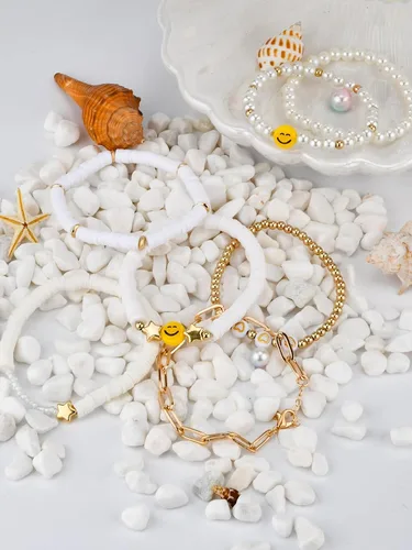 Vista 20 de Preppy Heishi - Juego de pulseras de surfista para niñas adolescentes, bonitos aretes estéticos, anillos estéticos preppy coloridos de oro blanco