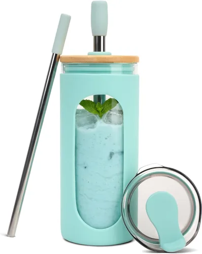 Vista 18 de Sursip - Vaso de vidrio de 20 oz con tapas y popotes, taza de café helado reutilizable de vidrio de borosilicato con tapa de bambú para batido, jugo
