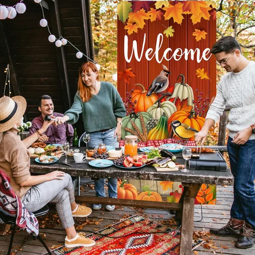 Vista 5 de Cartel de puerta de Acción de Gracias, decoración grande para puerta de otoño, pájaro, calabaza, telón de fondo, suministros de fiesta para cosecha