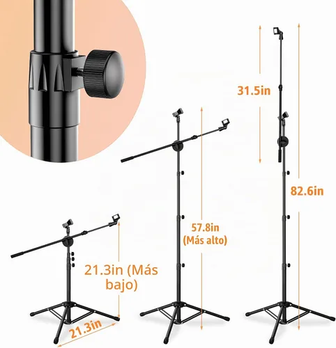 Vista 2 de Soporte de Micrófono de Piso 2 Clips de Micrófono Soportes de Micrófono Plegables Trípode Resistente con Brazo de Boom y Brazo de Micrófono con 2