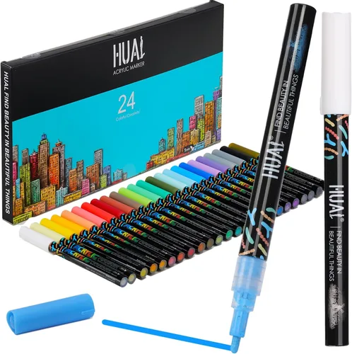 Vista 7 de HUAL Bolígrafos de pintura acrílica de doble punta, 24 colores finos y marcadores de punta de pincel para artistas profesionales, manualidades