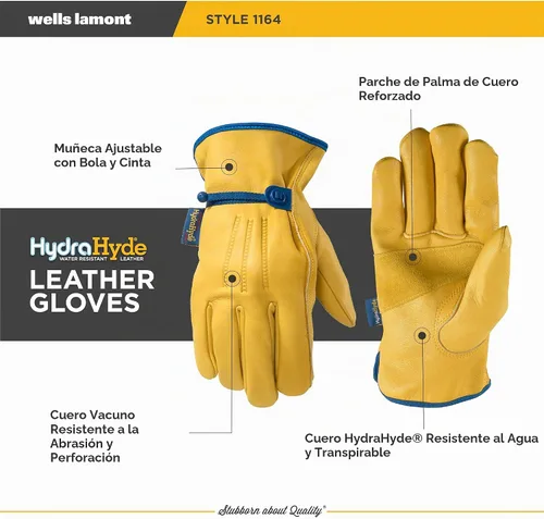 Vista 3 de Wells Lamont Guantes de trabajo de cuero HydraHyde sin cordones para hombre