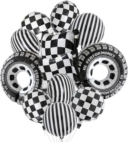 Vista 9 de 12 globos de aluminio de automóvil de carreras blanco y negro, globos a cuadros con bandera a cuadros y globos de neumáticos de rueda caliente