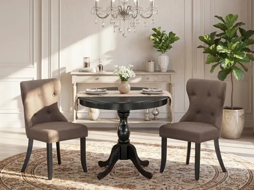 Vista 2 de East West Furniture AMSI3-ABK-48 - Juego de mesa de comedor moderno de 3 piezas que contiene una mesa de cocina redonda con pedestal y 2 sillas
