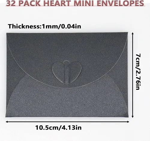 Vista 2 de 32 piezas de sobres mini con cierre de corazón, sobres pequeños y bonitos en negro, lindos porta tarjetas de regalo para cartas de amor y notas
