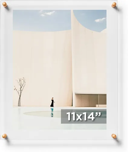 Vista 5 de Marco de fotos acrílico flotante de doble panel transparente de 8 x 10 pulgadas con herrajes dorados para mostrar arte y fotos en la pared