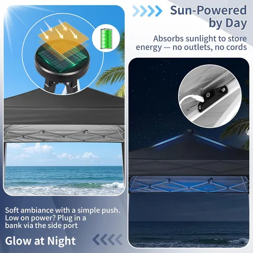 Vista 3 de Outvita Tienda de campaña solar desplegable de 10 x 10 pies con luces LED de meteoritos, bolsa de transporte instantánea al aire libre y paredes