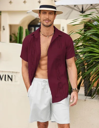 Vista 3 de COOFANDY Camisa guayabera cubana de algodón y lino para hombre, casual, manga corta, con botones, para verano y playa
