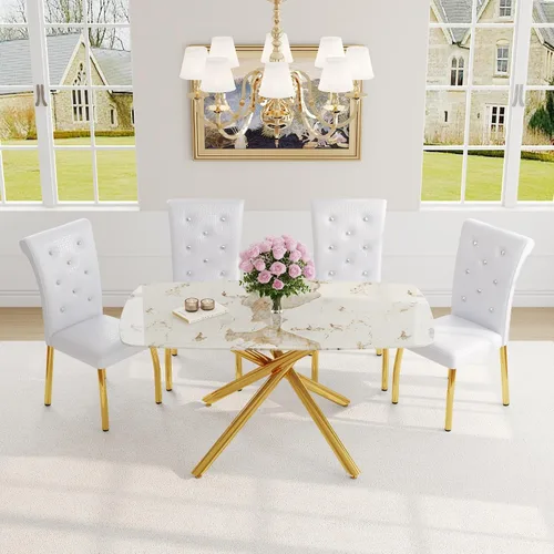 Vista 43 de Juego de mesa de comedor moderna para mesa de comedor negra de 4,63 pulgadas, juego de 4 con patas de metal dorado, mesa de cocina rectangular