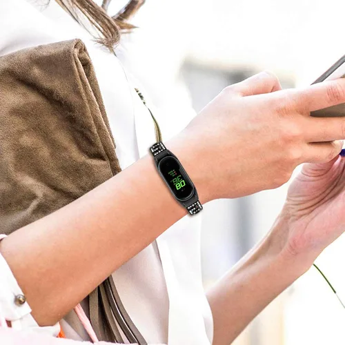 Vista 6 de Mi Band 4 Correa de fitness, pulsera de acero inoxidable con diamantes de imitación para mujer, elegante correa de repuesto delgada, ajustable Negro