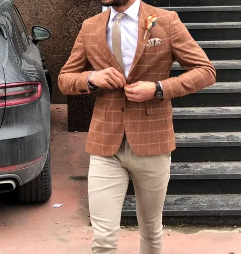 Vista 8 de HUUTOE Blazer a cuadros para hombre, chaqueta de traje a cuadros, ajuste delgado, casual, solapa con muescas, dos botones, abrigo deportivo